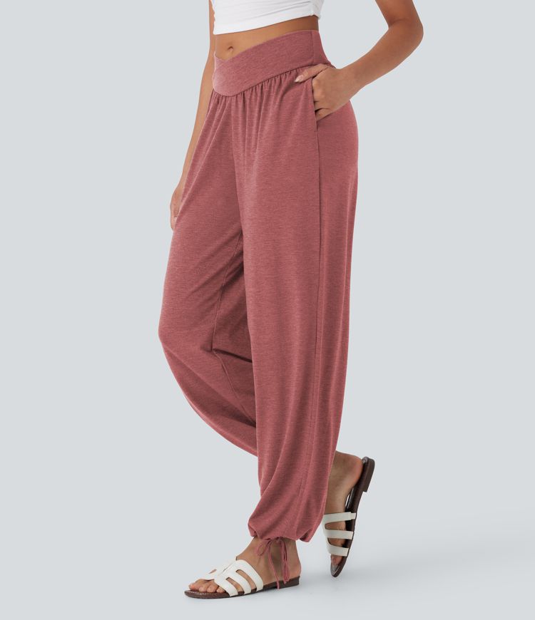 Crossover High Waisted Pocket Drawstring Casual Joggers