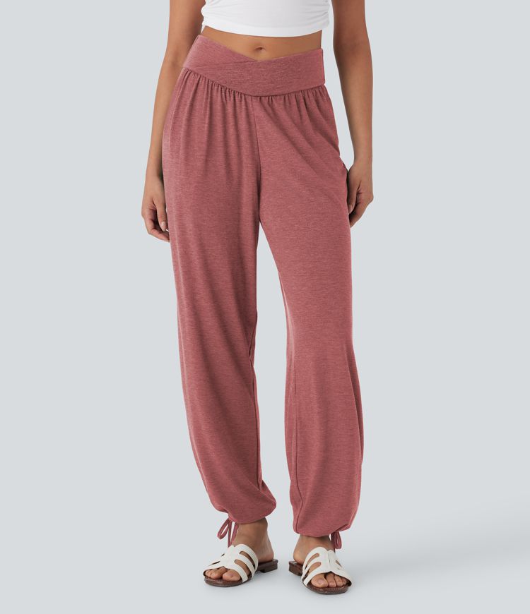 Crossover High Waisted Pocket Drawstring Casual Joggers