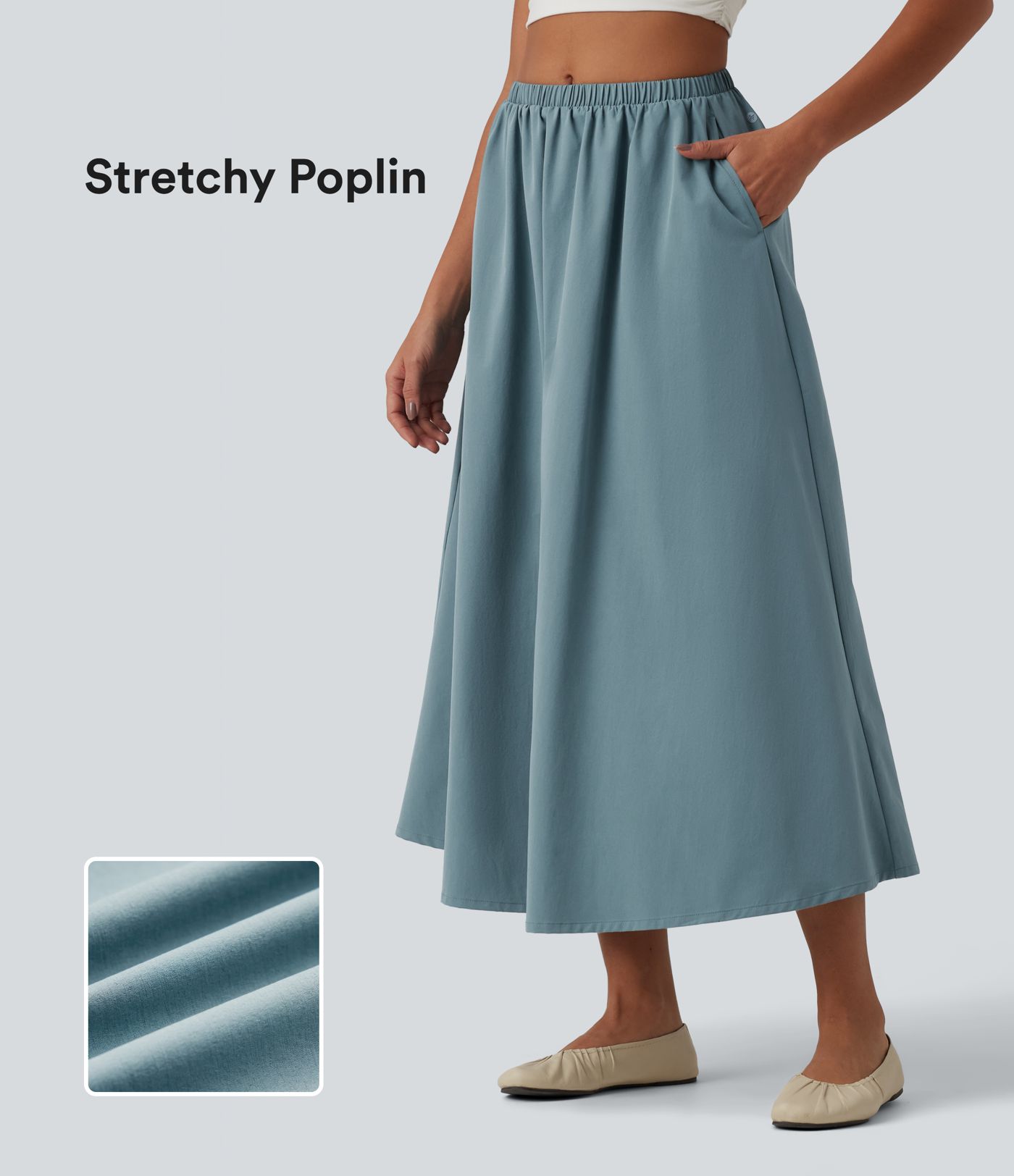Mid Rise Midi Stretchy Poplin Casual A-line Skirt with Pockets