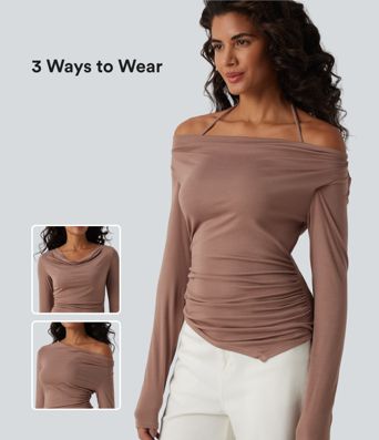 Ribbed Halter Off Shoulder Long Sleeve Ruched Asymmetric Hem Casual Top
