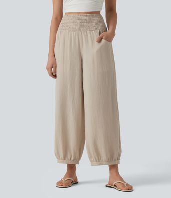 High Waisted Shirred Linen-Feel Casual Bubble Trousers with Pockets