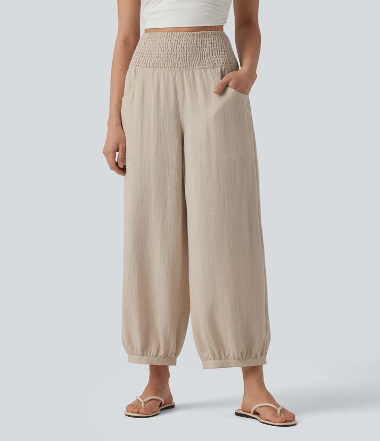 High Waisted Shirred Linen-Feel Casual Bubble Trousers with Pockets