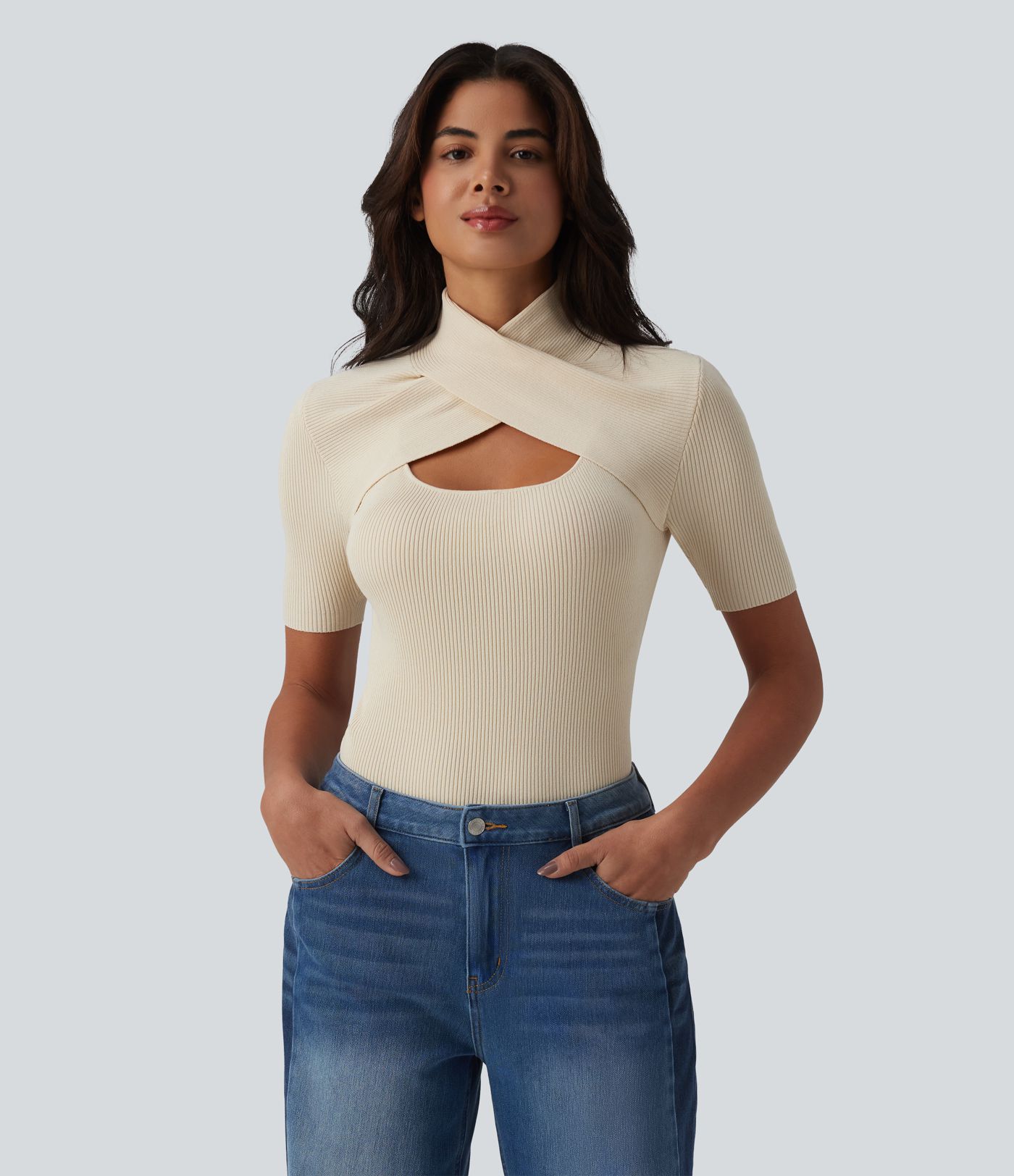 Cut Out Short Sleeve Workout Sweater