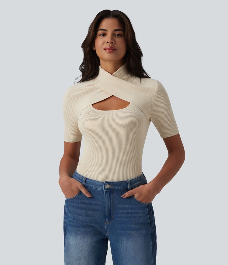 Cut Out Short Sleeve Workout Sweater