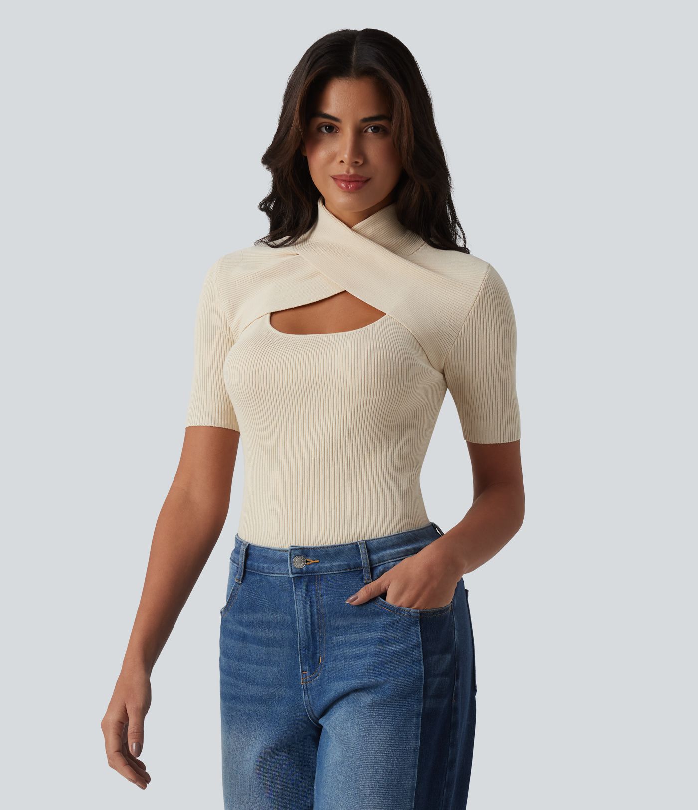 Cut Out Short Sleeve Workout Sweater