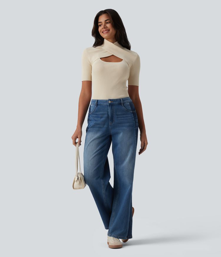 Cut Out Short Sleeve Workout Sweater