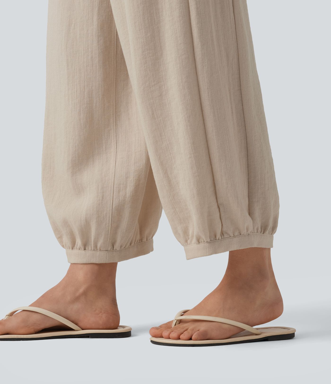 High Waisted Shirred Linen-Feel Casual Bubble Trousers with Pockets