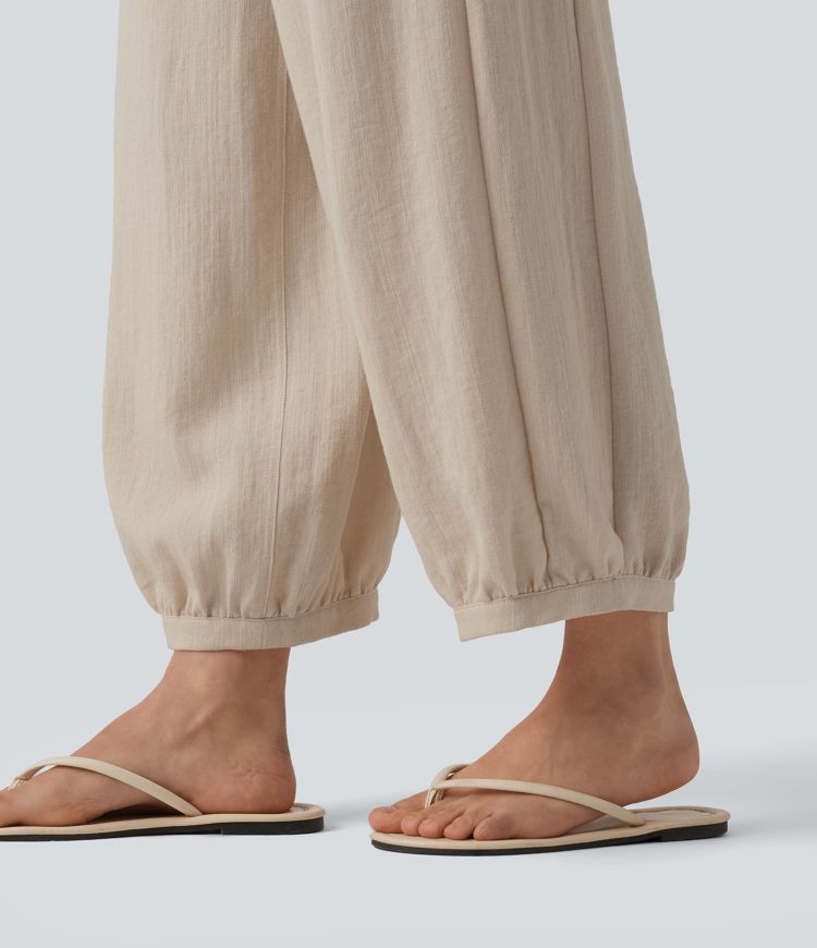 High Waisted Shirred Linen-Feel Casual Bubble Trousers with Pockets
