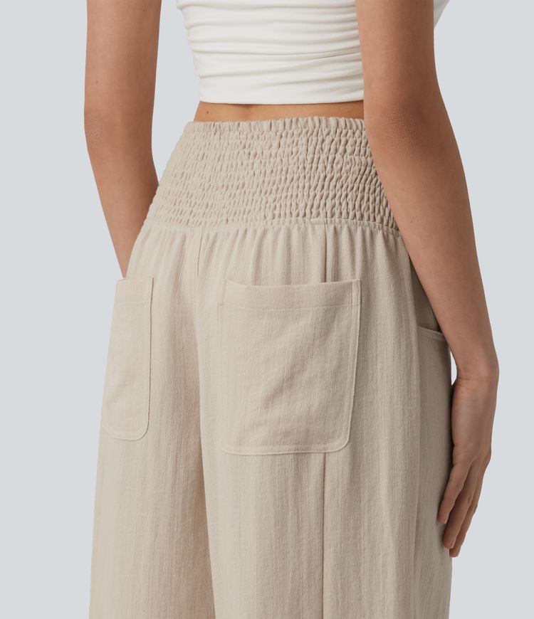 High Waisted Shirred Linen-Feel Casual Bubble Trousers with Pockets