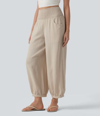 High Waisted Shirred Linen-Feel Casual Bubble Trousers with Pockets