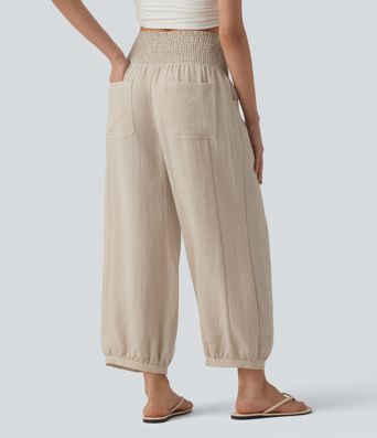 High Waisted Shirred Linen-Feel Casual Bubble Trousers with Pockets