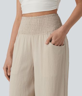 High Waisted Shirred Linen-Feel Casual Bubble Trousers with Pockets