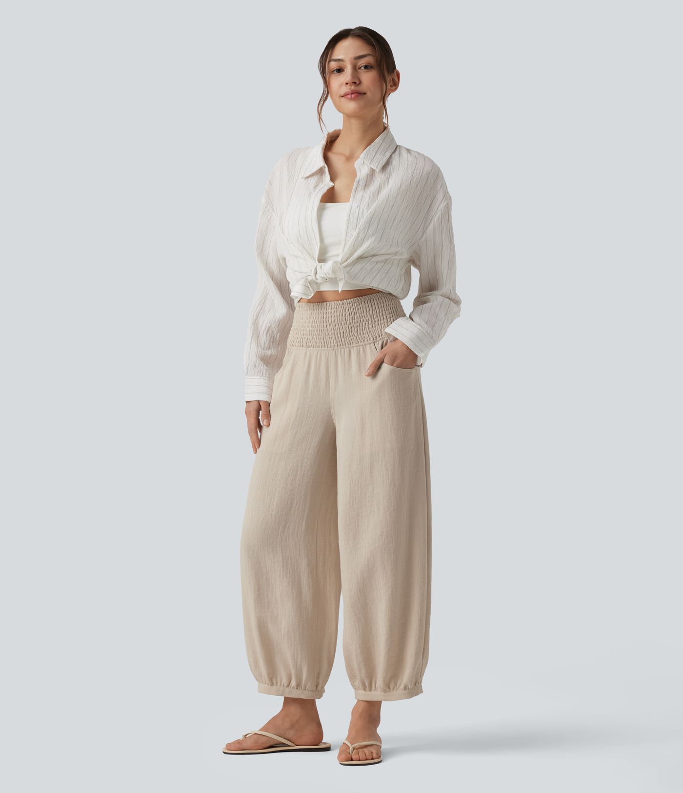 High Waisted Shirred Linen-Feel Casual Bubble Trousers with Pockets