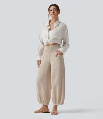 High Waisted Shirred Linen-Feel Casual Bubble Trousers with Pockets
