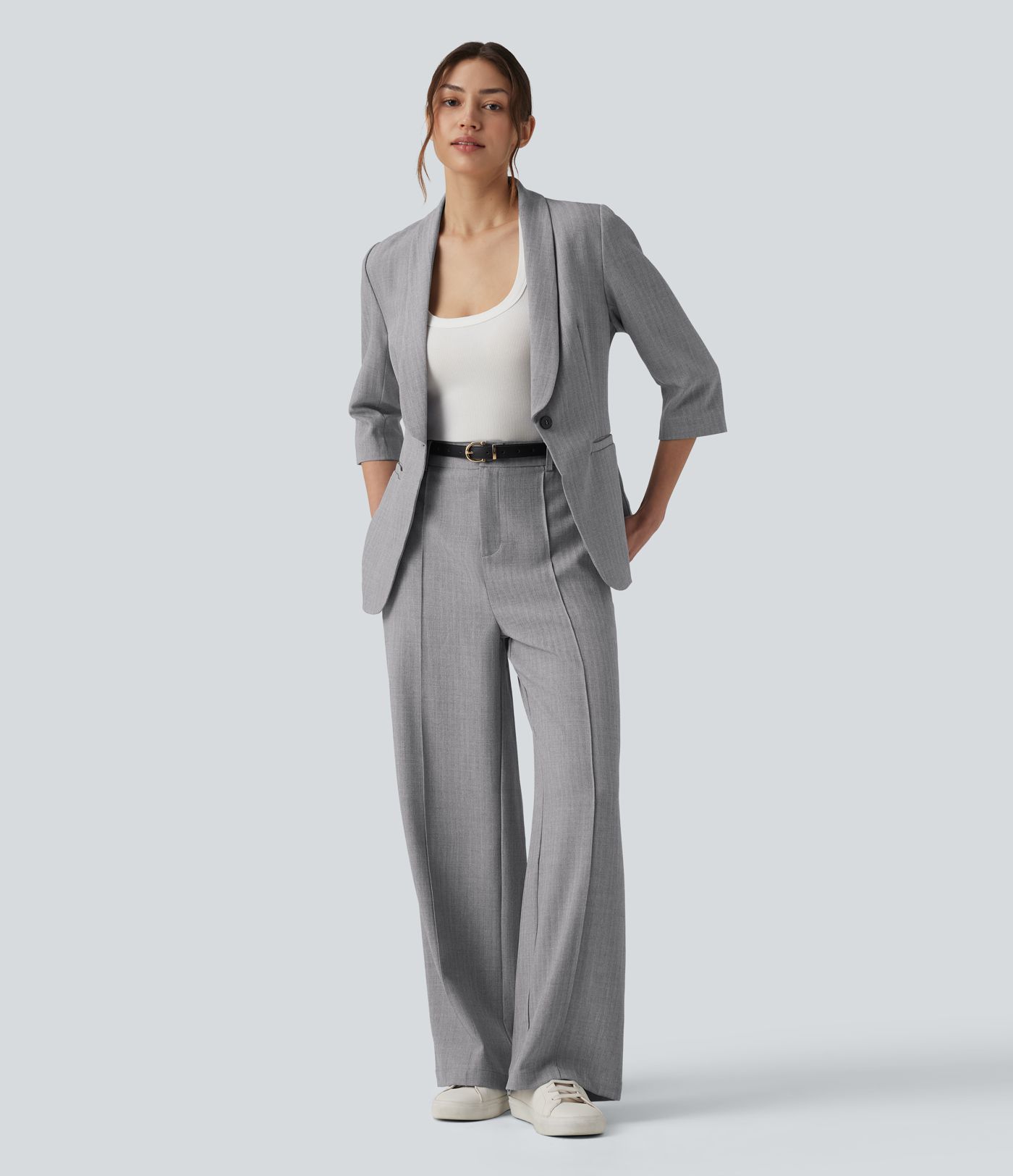 High Waisted Straight Leg Work Linen-Feel Trousers with Pockets