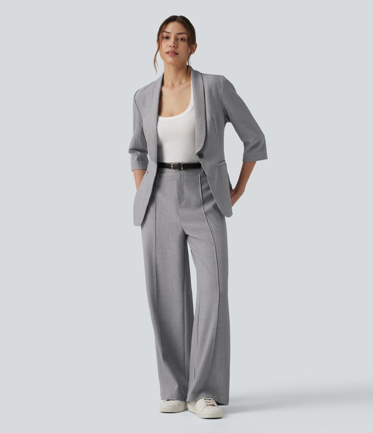 High Waisted Straight Leg Work Linen-Feel Trousers with Pockets