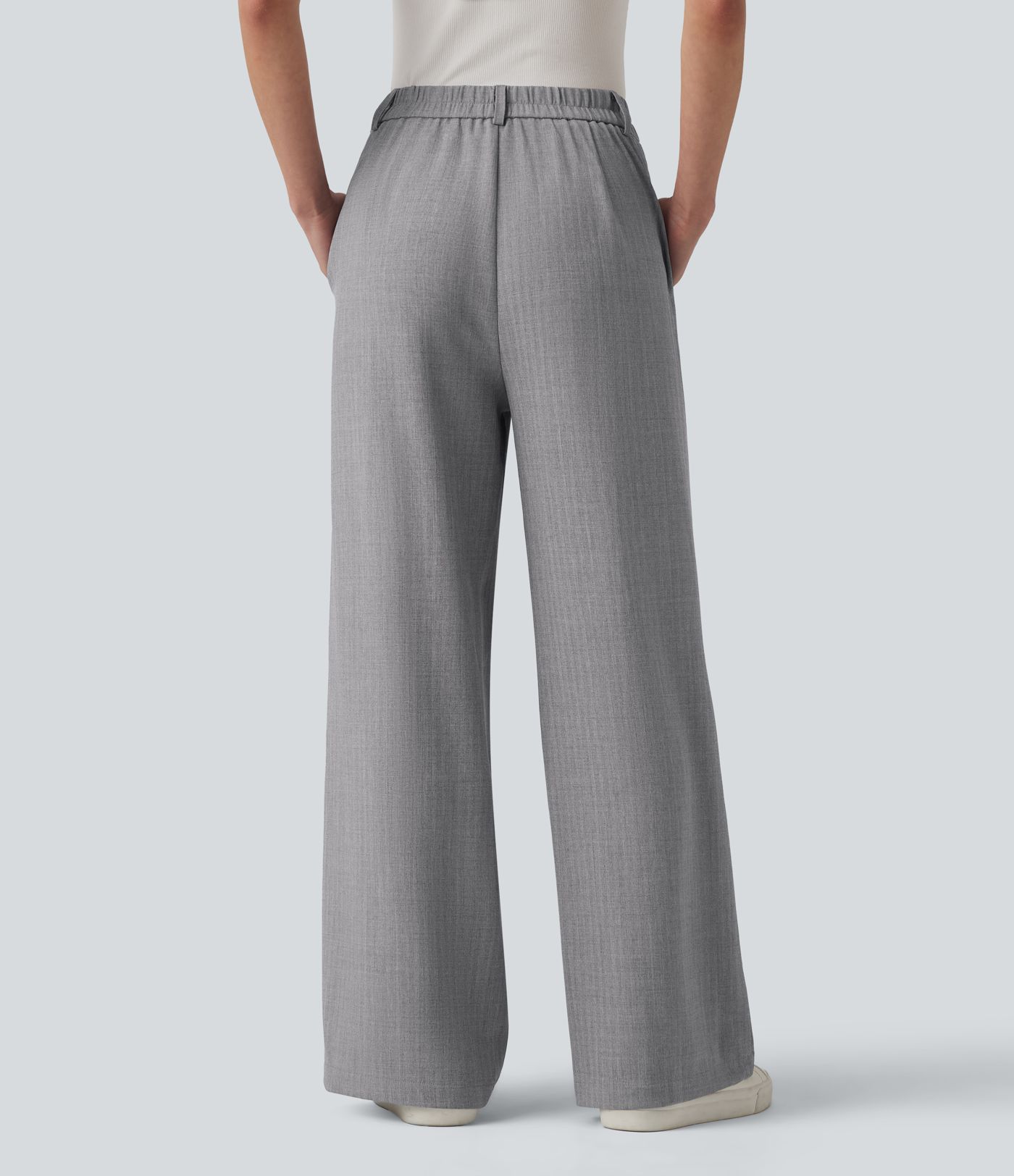 High Waisted Straight Leg Work Linen-Feel Trousers with Pockets
