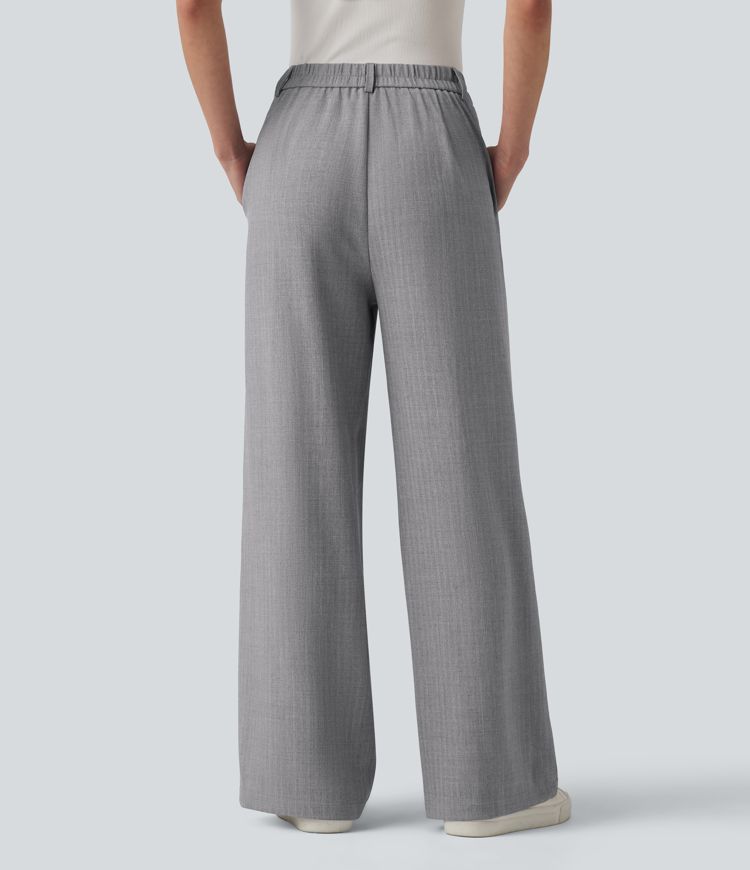 High Waisted Straight Leg Work Linen-Feel Trousers with Pockets