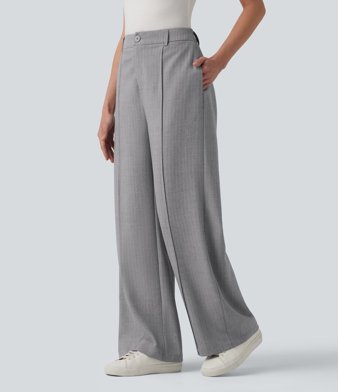High Waisted Straight Leg Work Linen-Feel Trousers with Pockets