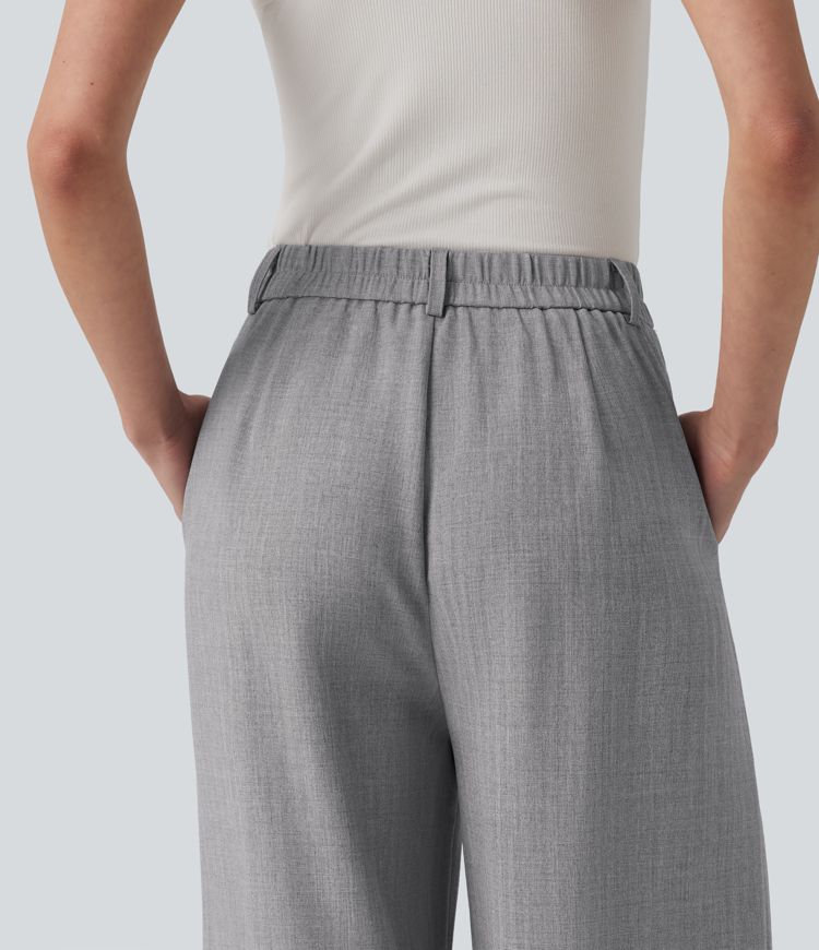 High Waisted Straight Leg Work Linen-Feel Trousers with Pockets