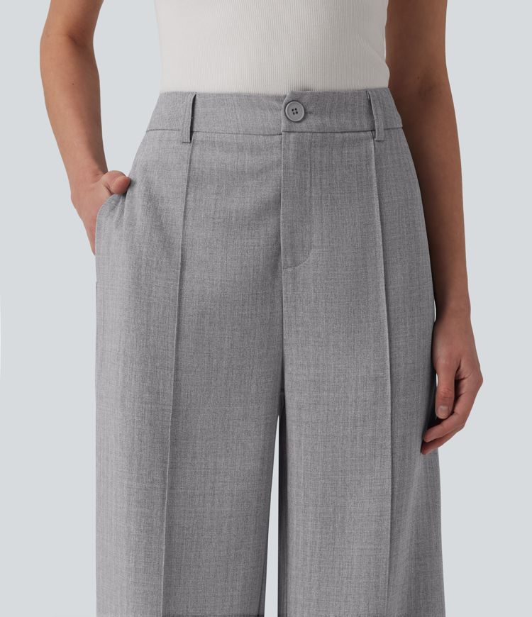 High Waisted Straight Leg Work Linen-Feel Trousers with Pockets
