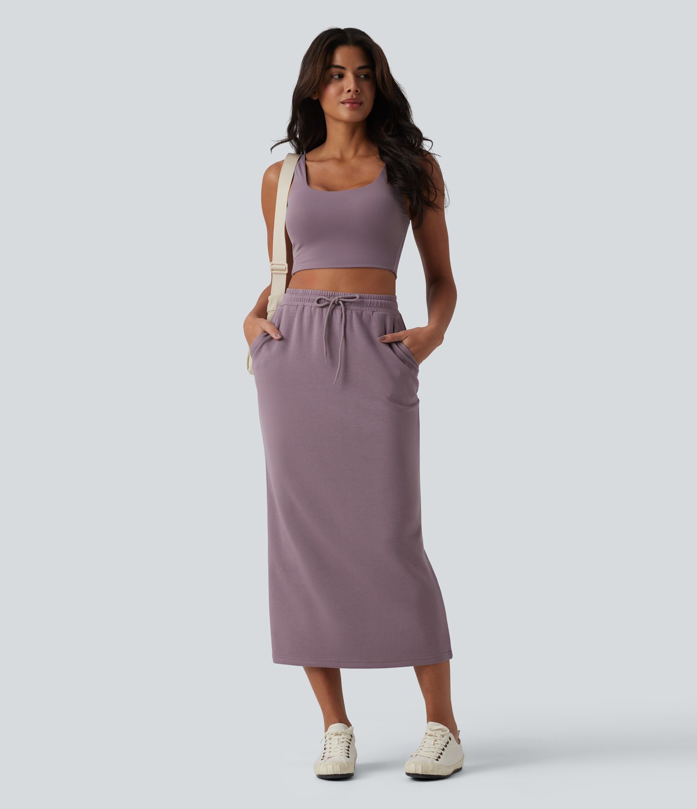 High Waisted Drawstring Midi Casual Pencil Skirt with Pockets