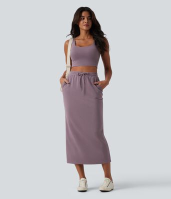 High Waisted Drawstring Midi Casual Pencil Skirt with Pockets