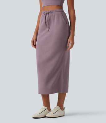 High Waisted Drawstring Midi Casual Pencil Skirt with Pockets