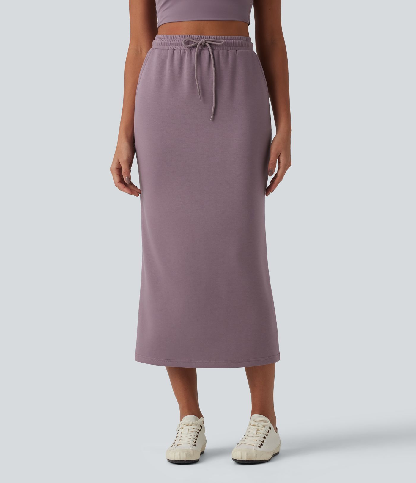 High Waisted Drawstring Midi Casual Pencil Skirt with Pockets