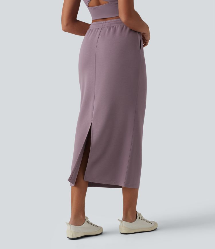 High Waisted Drawstring Midi Casual Pencil Skirt with Pockets