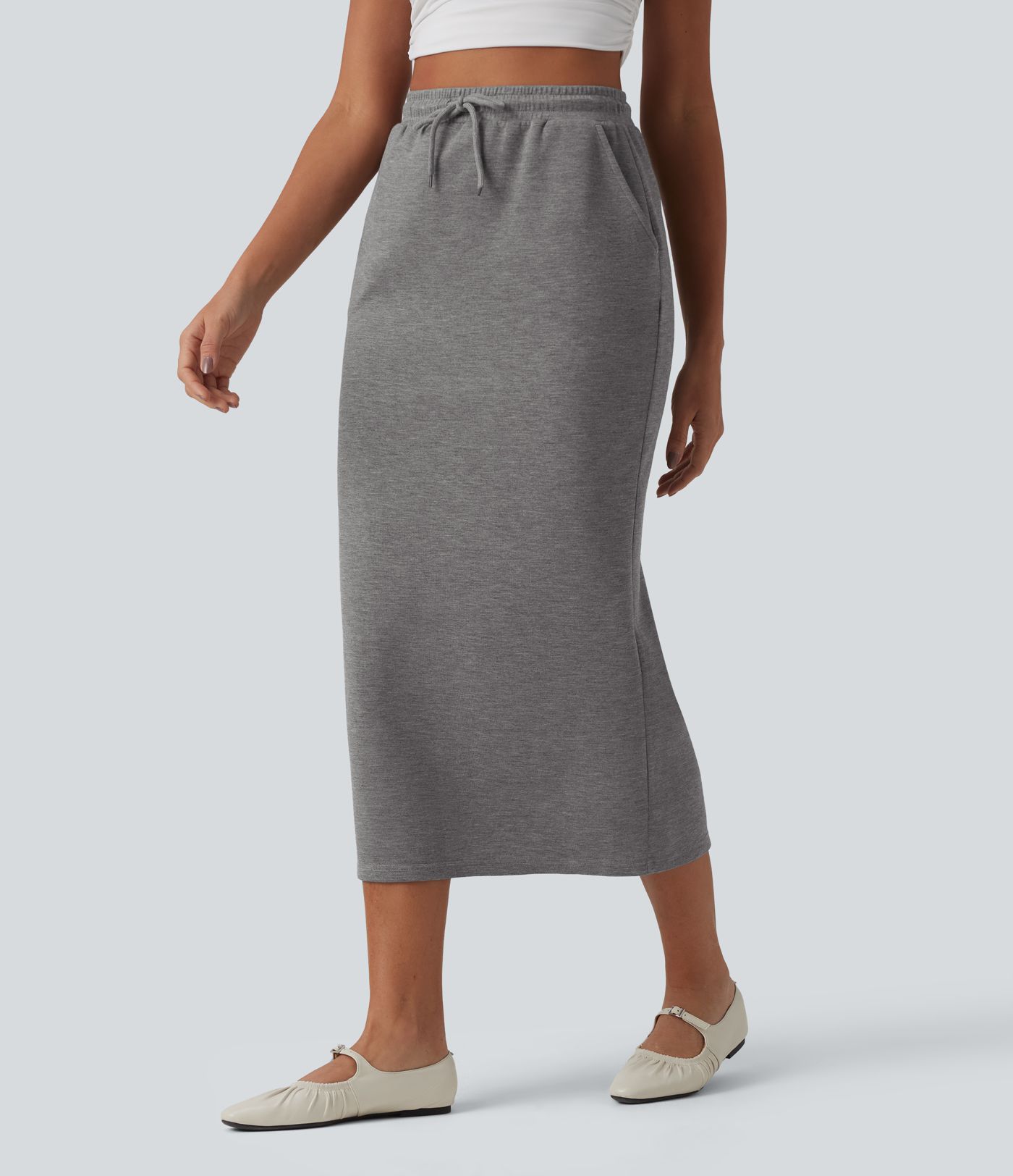 Lässiger Midi-Bleistiftrock mit hohem Bund, Seitentaschen und Kordelzug