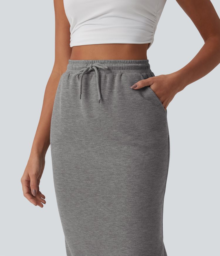 Lässiger Midi-Bleistiftrock mit hohem Bund, Seitentaschen und Kordelzug