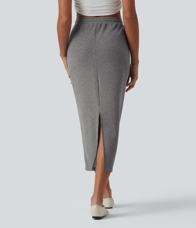 Lässiger Midi-Bleistiftrock mit hohem Bund, Seitentaschen und Kordelzug