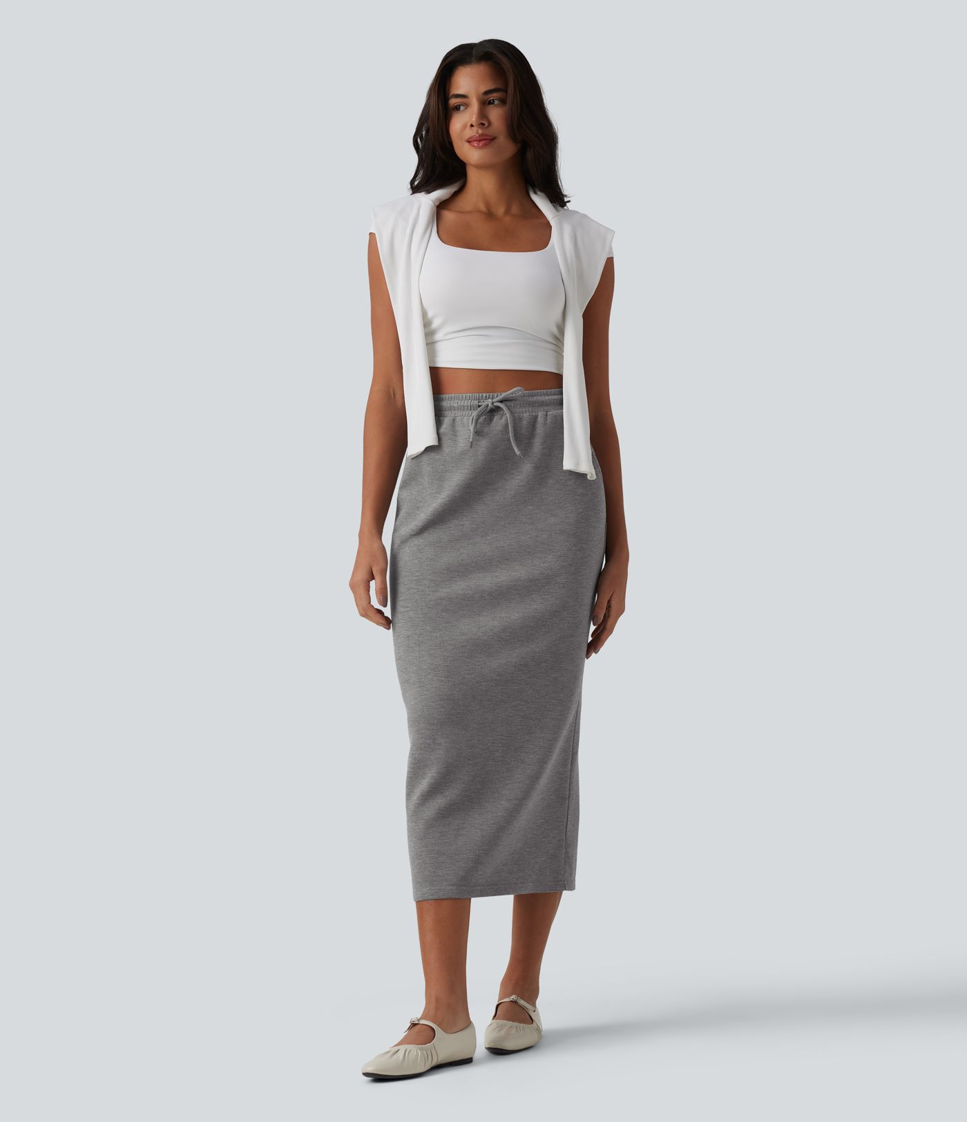 Lässiger Midi-Bleistiftrock mit hohem Bund, Seitentaschen und Kordelzug