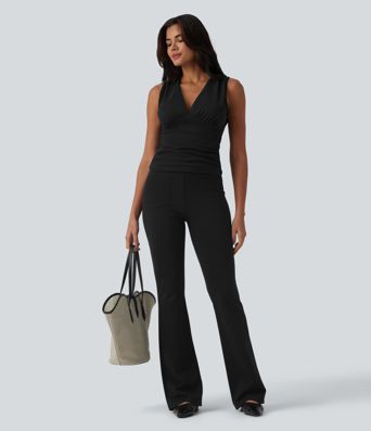 V Neck Ruched Built-in Bra Work Tank Top