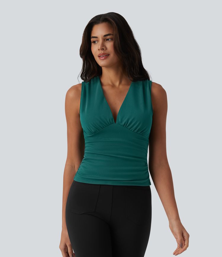 SculptKnit V Neck Ruched Built-in Bra Work Tank Top