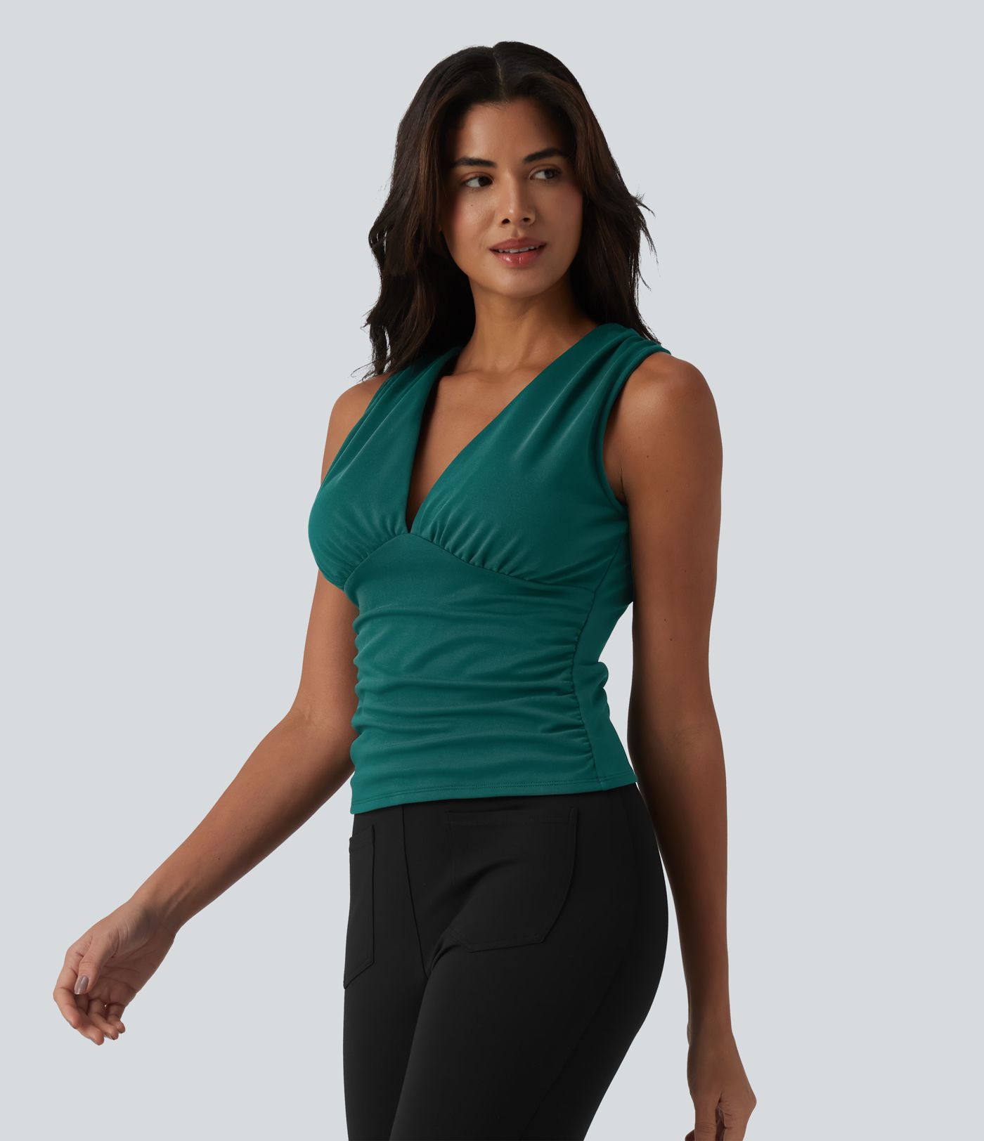 SculptKnit V Neck Ruched Built-in Bra Work Tank Top