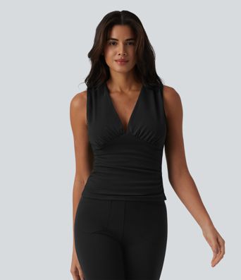 V Neck Ruched Built-in Bra Work Tank Top