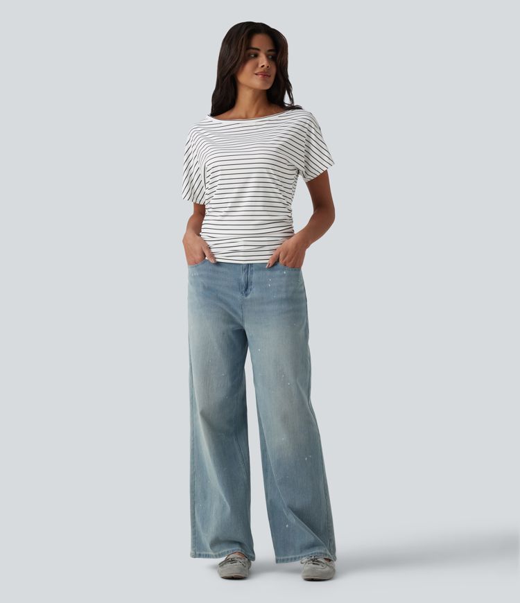 One shoulder Short Sleeve Stripe Casual T-Shirt