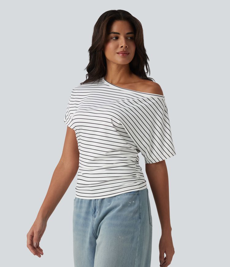 One shoulder Short Sleeve Stripe Casual T-Shirt
