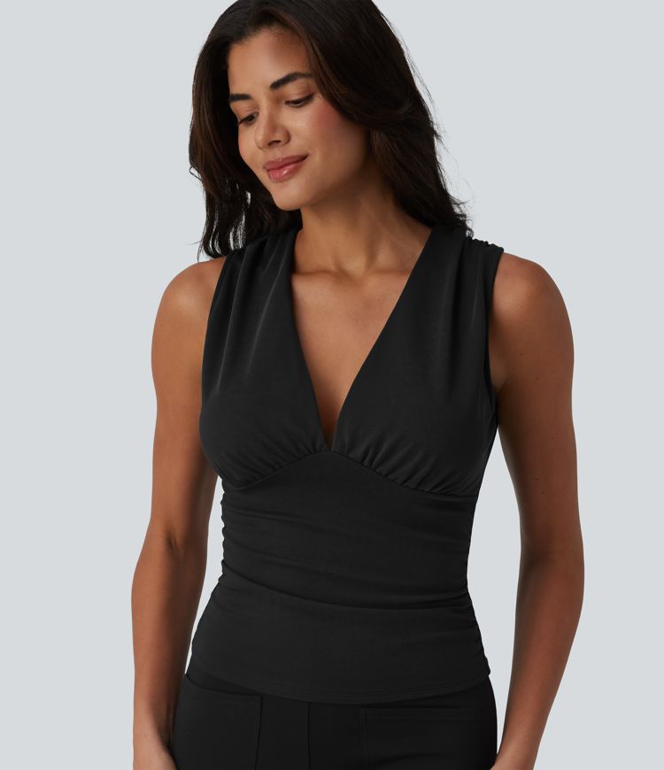 V Neck Ruched Built-in Bra Work Tank Top