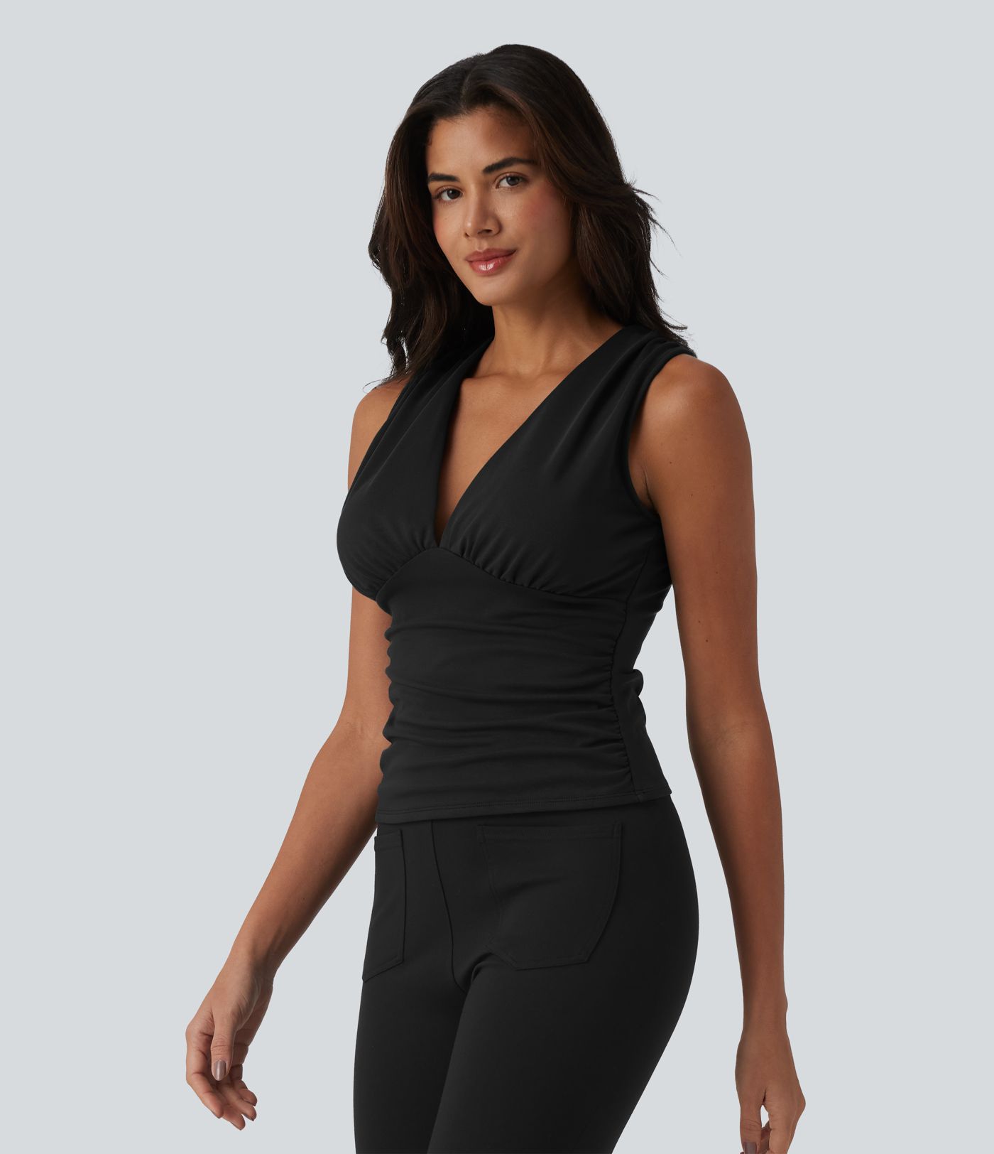 V Neck Ruched Built-in Bra Work Tank Top