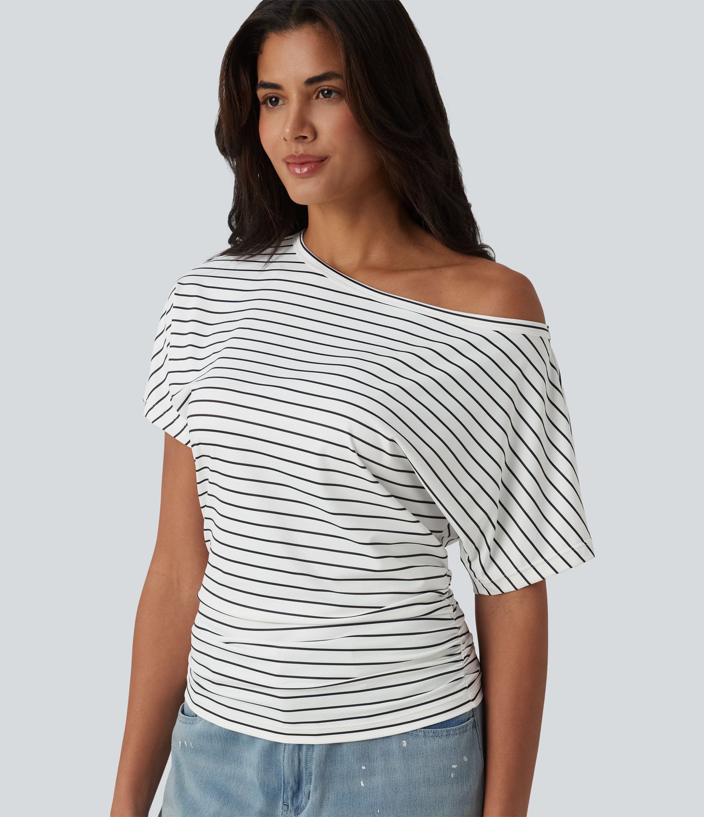 One shoulder Short Sleeve Stripe Casual T-Shirt