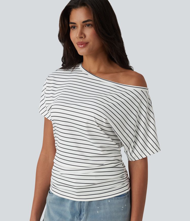 One shoulder Short Sleeve Stripe Casual T-Shirt