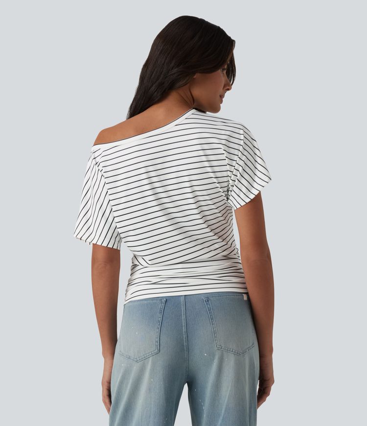 One shoulder Short Sleeve Stripe Casual T-Shirt