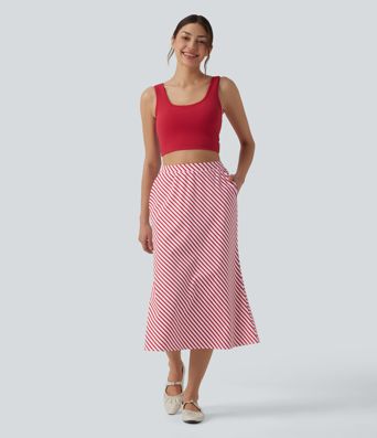 High Waisted Stripe Midi Casual Skirt with Pockets