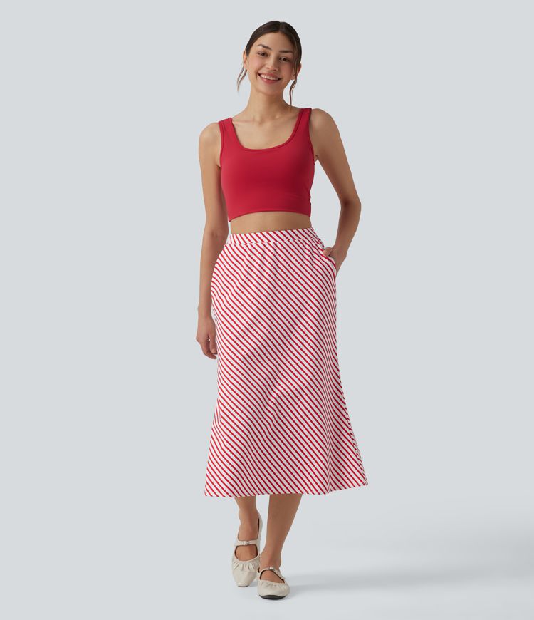 High Waisted Stripe Midi Casual Skirt with Pockets