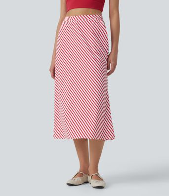 High Waisted Stripe Midi Casual Skirt with Pockets