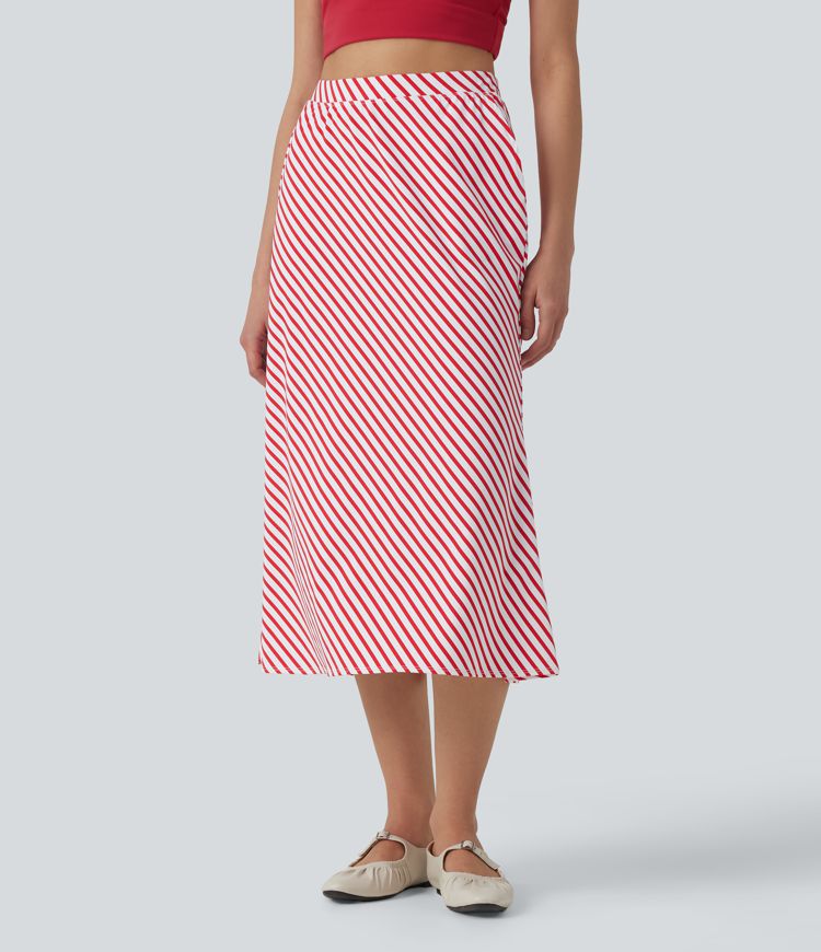 High Waisted Stripe Midi Casual Skirt with Pockets