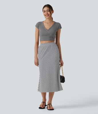 Lässiger Midirock mit hohem Bund, Seitentaschen und Streifen